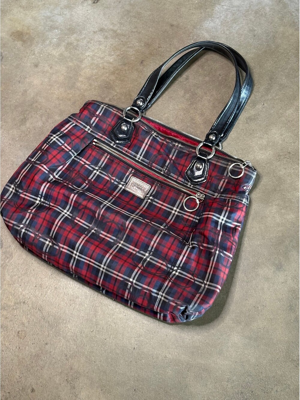 Coach Poppy Red Plaid Tote Bag with Black Handles